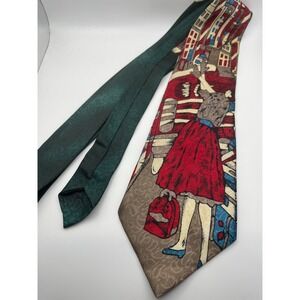 Ambassador Hand Made Mens Tie Red Blue Cityscape Woman Graphic Green Paisley